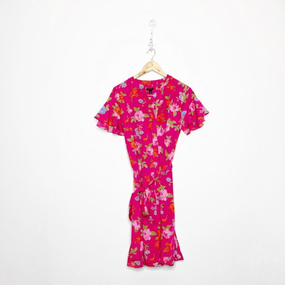 ANN TAYLOR Island Floral Flutter Sleeve Shirtdress Baja Rose pink WOMENS S - Picture 1 of 6